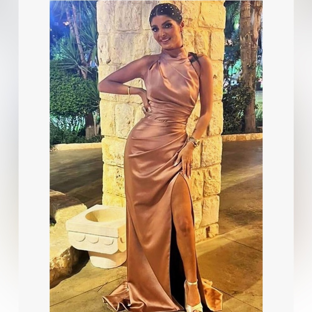 Blush Pink Satin Dress Gown Bridesmaid Prom Halter Pleated Mermaid Corset slit - Picture 7 of 10